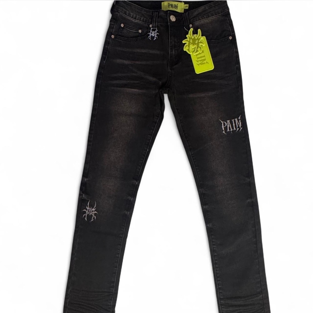 PAIN LAB (Black) Mens Denim Jeans w Spider Design Size 28 -NWT & Bagged-